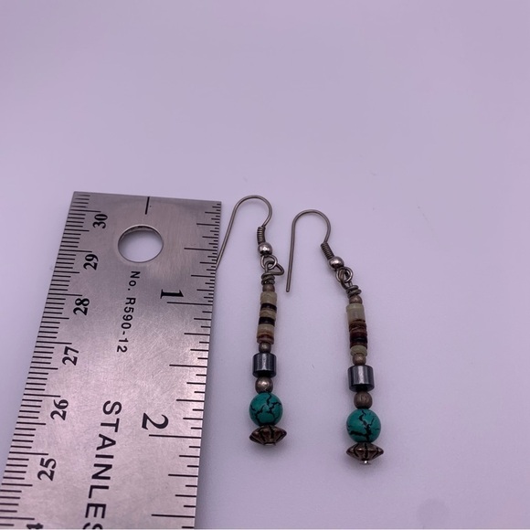 Faux Turquoise Blue and Brown Long Beaded Dangle Earrings Silver Tone Hook - Picture 4 of 5